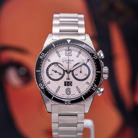 Pre-owned Glashütte Original SeaQ Chronograph German Panda 1-37-23-03-80-70 with white dial, black subdial surrounds and steel bracelet