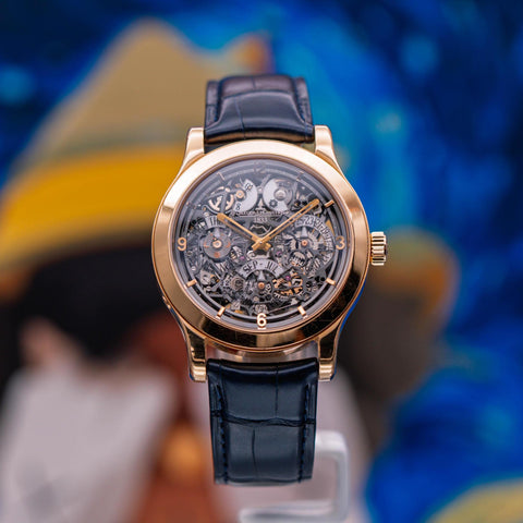 Jaeger-LeCoultre Master Eight Days Perpetual Skeletonized 1833 Q16124SQ with openworked dial, rose gold case and dark leather strap