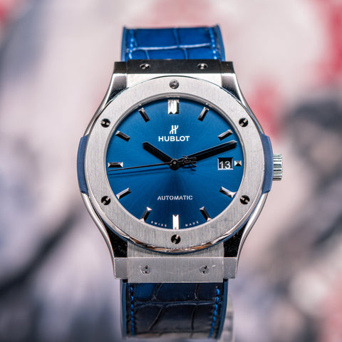 Hublot Classic Fusion 511.NX.7170.LR blue dial previously in the Pucks & Timepieces pre-owned inventory