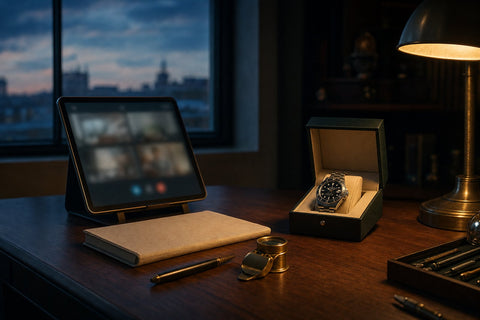 A watch specialist's desk at dusk with a loupe, notebook, boxed luxury watch and a tablet showing a video call