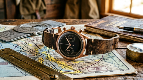 Vintage flyback chronograph pilot watch on aviation map — Blancpain Air Command style