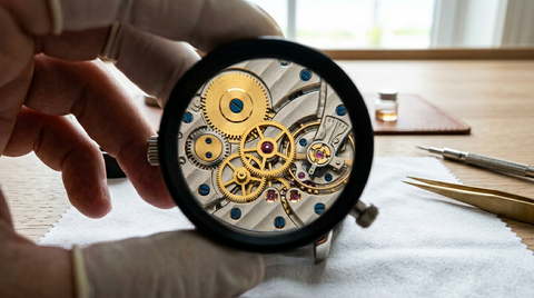 Watch movement under loupe — how to authenticate a pre-owned Blancpain