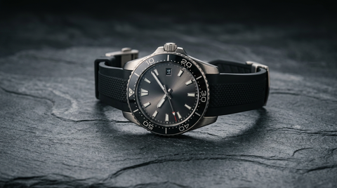 Modern sport watch on dark slate — Blancpain Bathyscaphe style daily diver