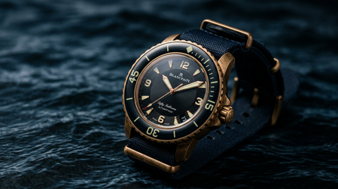 Blancpain Fifty Fathoms style dive watch on dark blue background — Pucks & Timepieces blog