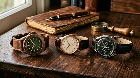 Three luxury watches on walnut desk with notebook and magnifier — watch investing