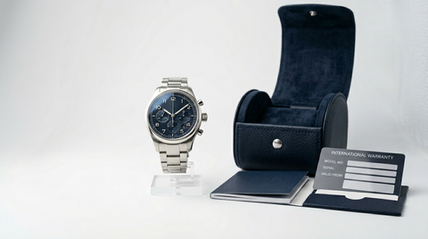 Luxury watch with full kit and papers in studio setup — selling a Blancpain