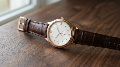 Classic dress watch with rose gold case and white dial on walnut — Blancpain Villeret style