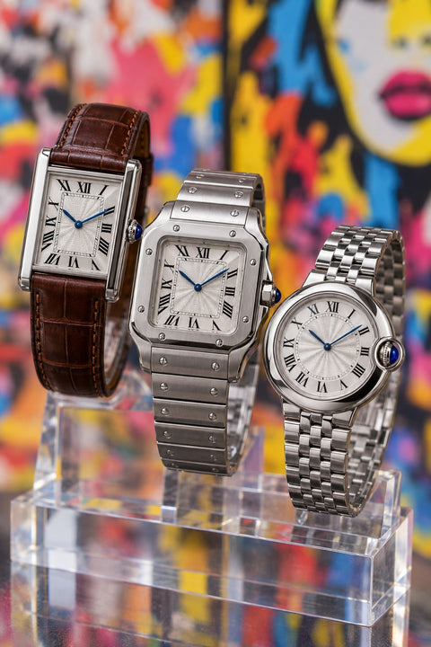 Illustrative square, rectangular, and round Cartier-style watches
