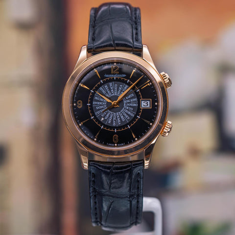Pre-owned Jaeger-LeCoultre Master Memovox Worldtimer Q1412471 with black dial, rose-gold-tone case and black leather strap; not a Reverso