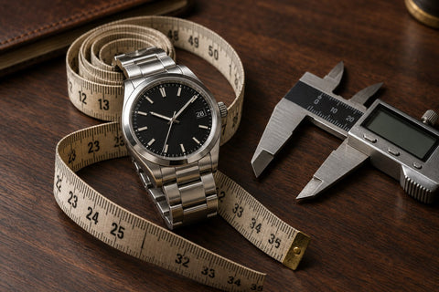 Steel watch with measuring tape and calipers for a watch size guide