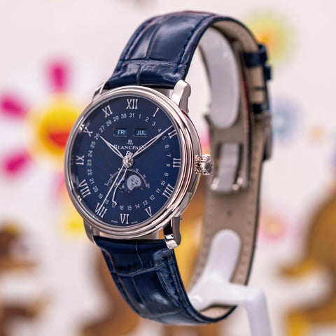Blancpain Villeret Quantième Complet Blue Lacquered Dial White Gold 6654 1529 55B