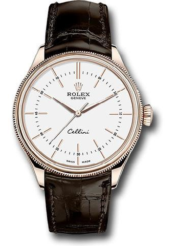 Rolex Cellini Time Watch - Everose Gold - White Dial - Brown Leather Strap - 50505 wbr